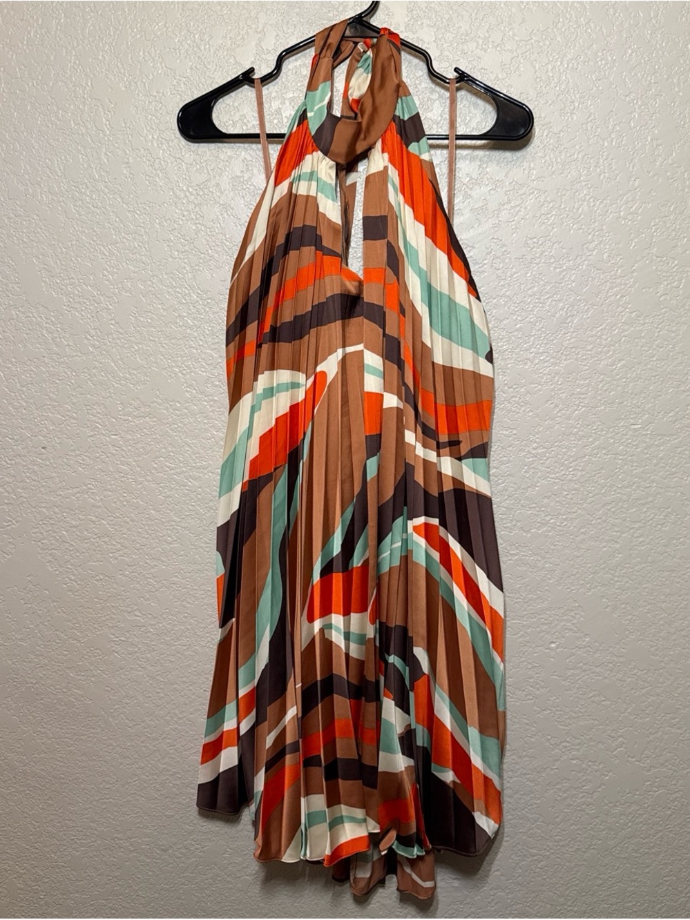 Anthropologie Pleated Halter Mini Dress in Brown, Orange, Cream, Teal